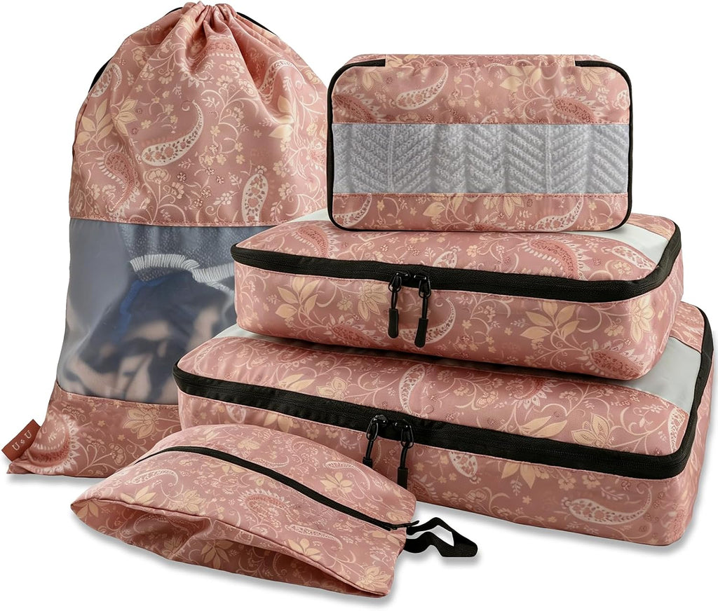 U+U 5 Set Packing Cubes, Travel Organizers with Shoe Bag (Paisley Pattern)