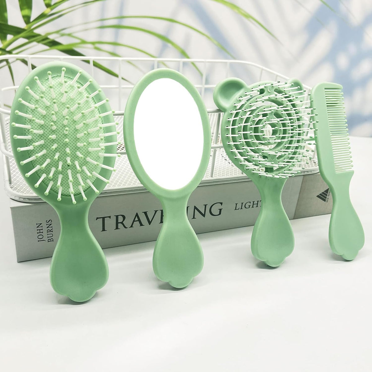 4 Pieces Mini Wet Hair Brush Hair Comb Set For Women Girls Kids Toddler Small Travel Hair Combs Brushes Handheld Mirror Set Hair Care Gift Sets Detangling Massage HairBrush with Air Cushion (Green)