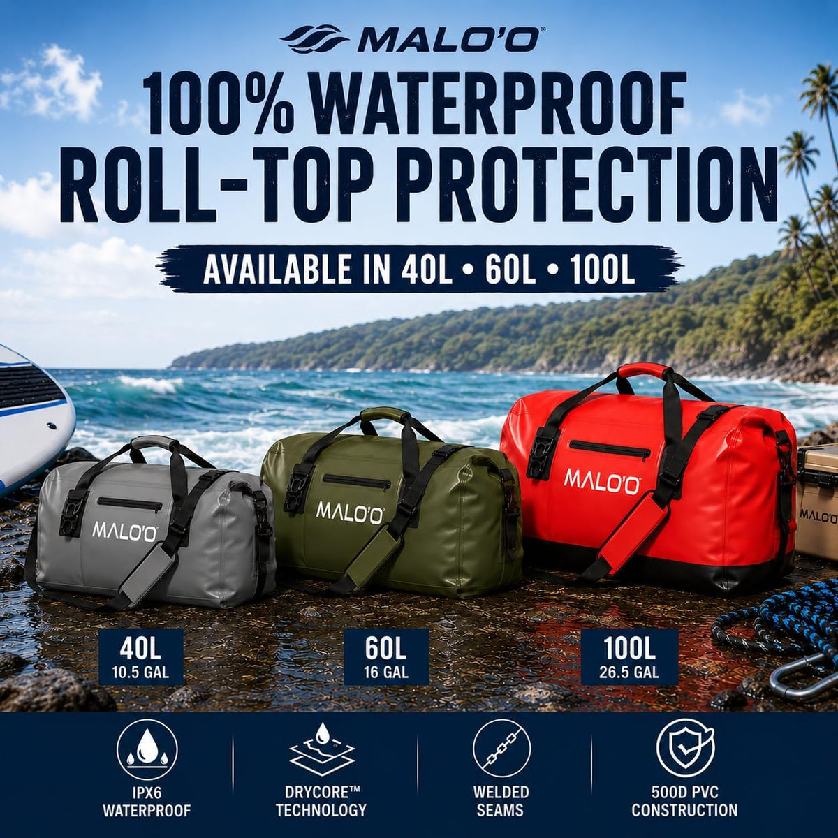 Malo’o Waterproof Dry Duffel, Heavy-Duty Roll Top Waterproof Gear Bag with Shoulder Strap & Molle Loops, Marine Duffel for Kayaking, Boating, Camping, Beach & Travel, Dark Green, 40L
