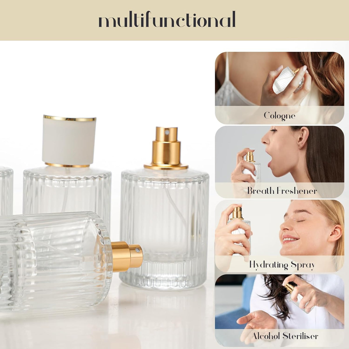 1 Pack Empty Perfume Spray Bottles, 50ML Ribbed Glass Atomizer Spray Bottle for Men and Women, Travel Refillable Perfume Atomizer for Sample Dispenser and Home Decor, White Cap