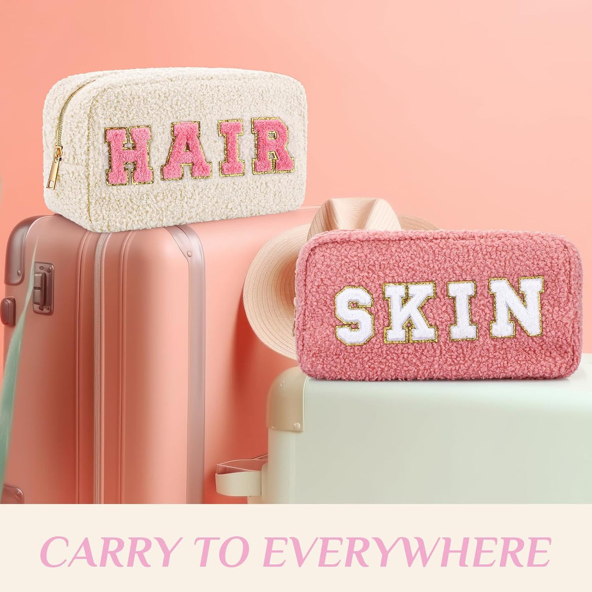 Paterr 4 Pcs Preppy Makeup Bags Chenille Letter Patches, Pink Colors