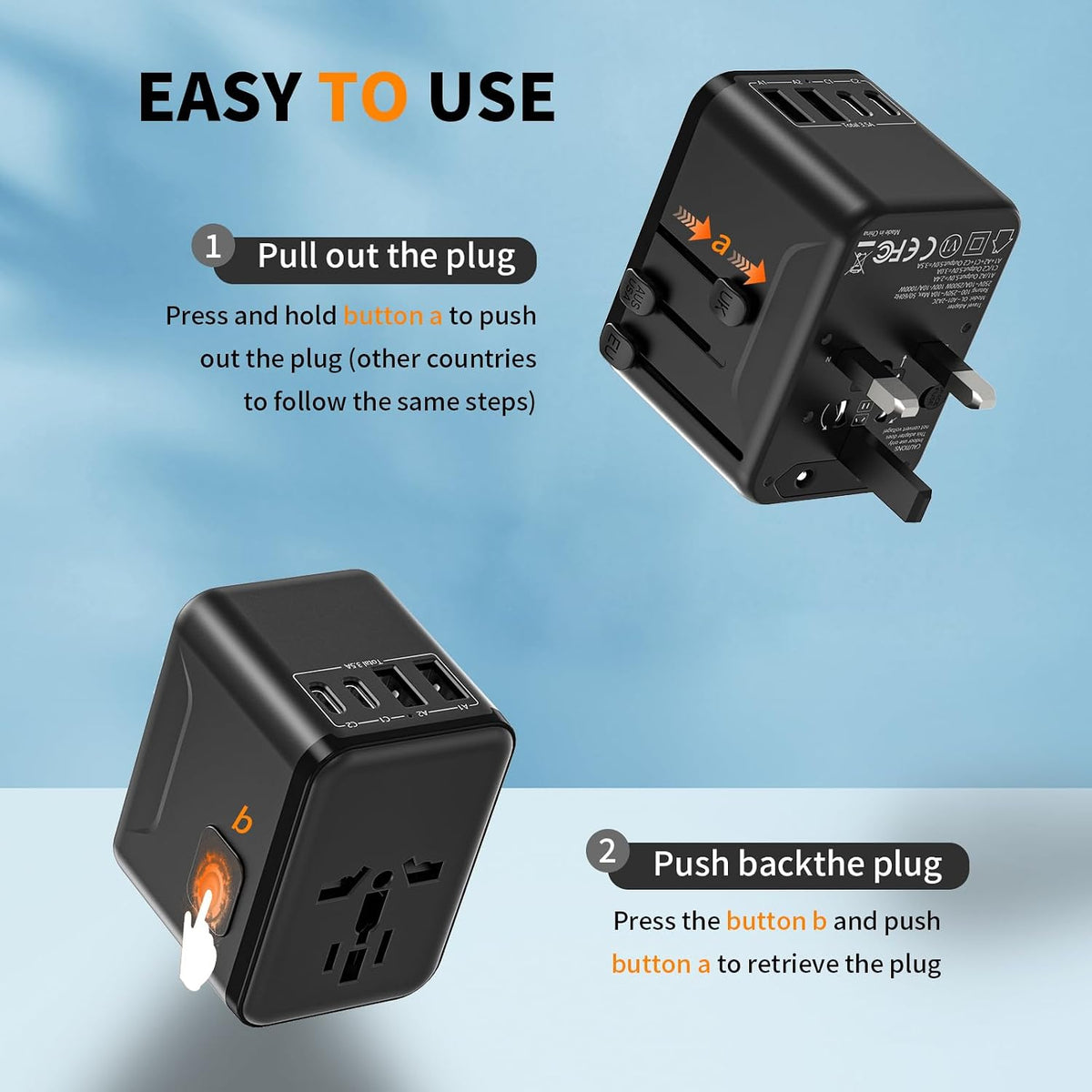 CC Store Universal Travel Adapter with 3 USB-C＆ 2 USB-A Ports 17.5W Black