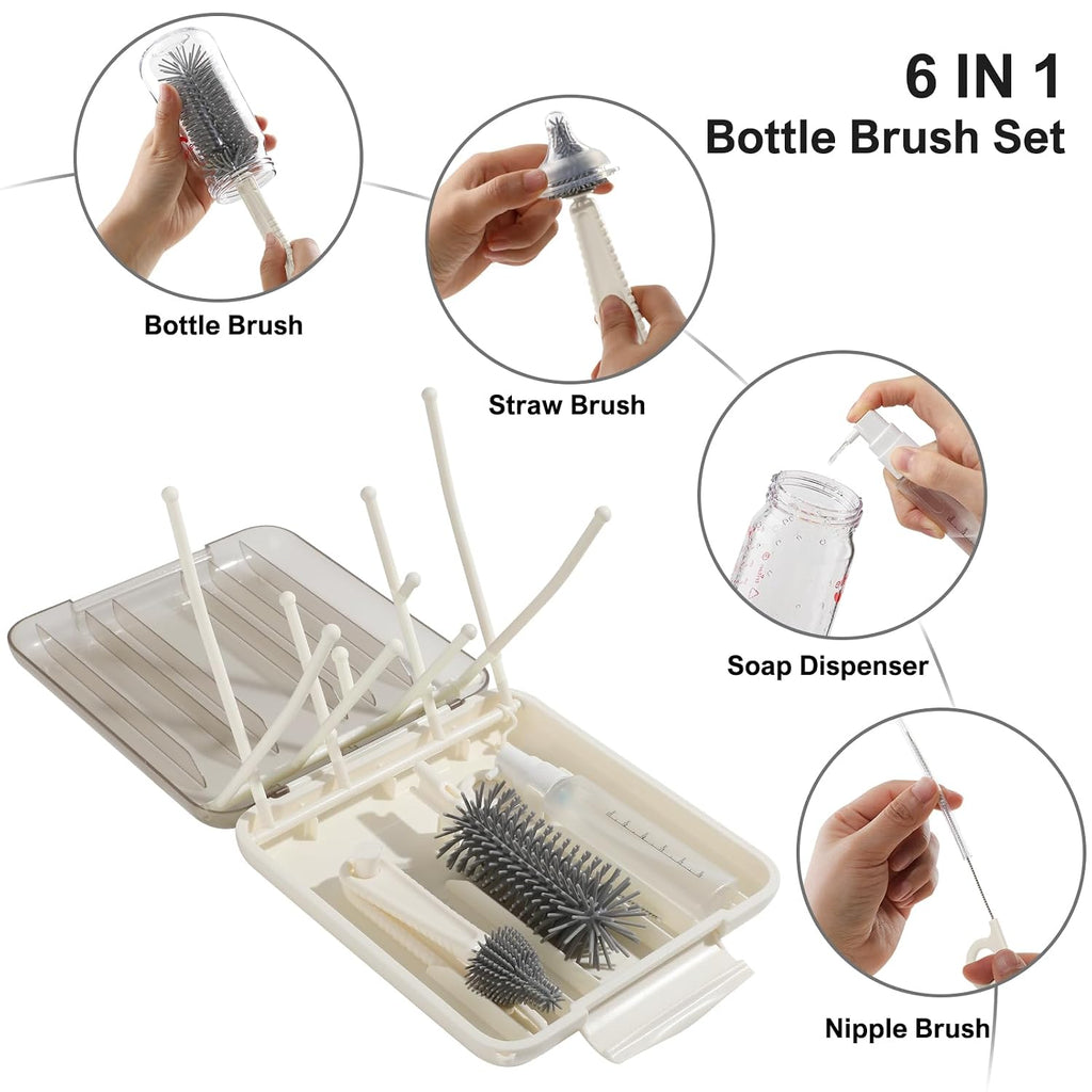 6 in 1 Baby Bottle Brush Set,Bottle Cleaner Brush Kit with Silicone Bottle Brush,Drying Rack,Nipple Brush,Straw Brush,Soap Dispenser&Storage Box,Portable Baby Essentials for Home&Travel