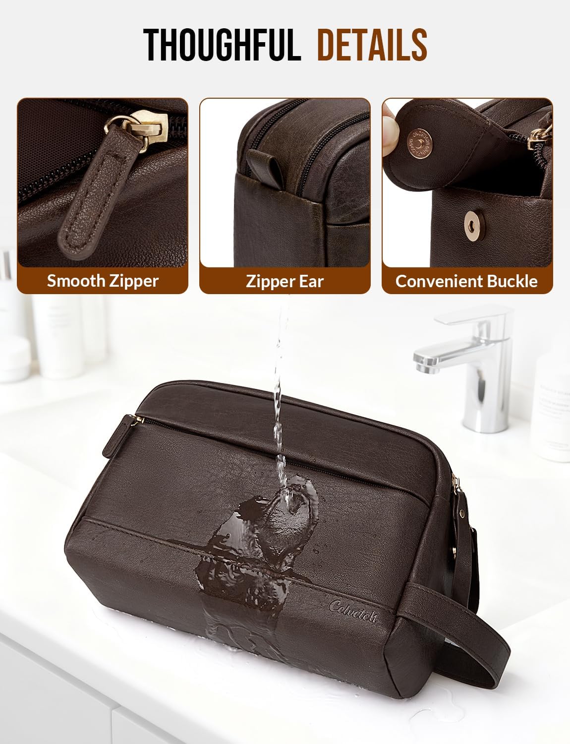 PU Leather Toiletry Bag for Men, Dark Brown