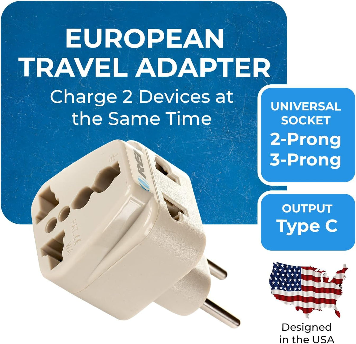 OREI USA to Europe Type C Travel Adapter Plug, 2-in-1, CE, RoHS, 300 Pack