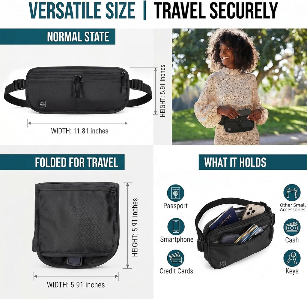 3-in-1 RFID Blocking Money Belt for Travel, Anti- Eletronic Theft Travel Fanny Pack with Adjustable Strap, Lightweight Neck Wallet for Passport, Credit Cards, Phone, and Cash–for Men & Women（Black）