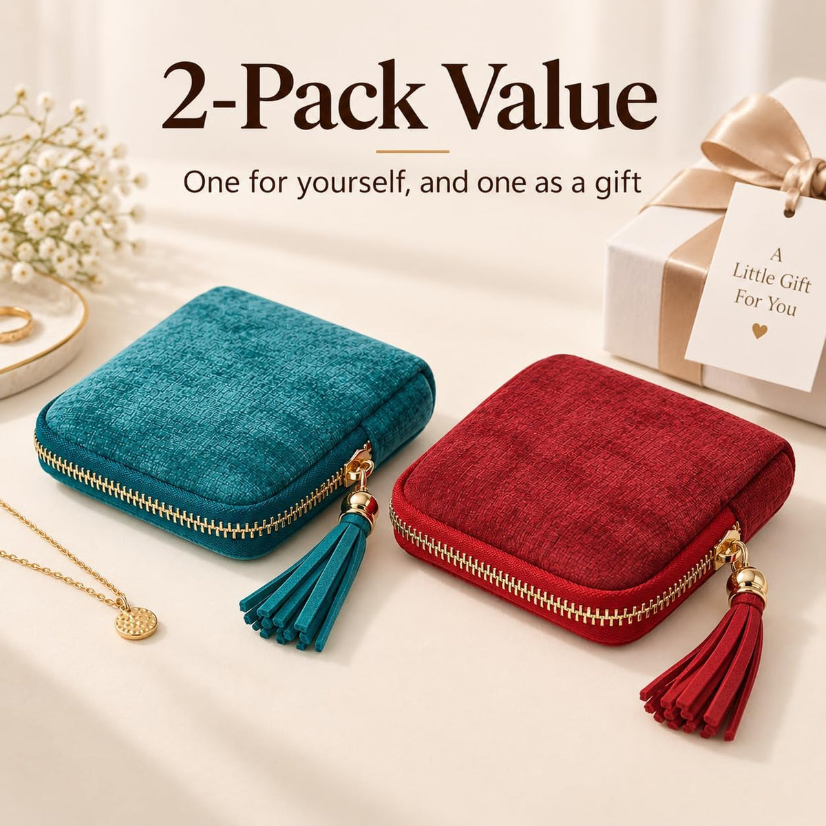2-Pack Velvet Jewelry Organizer Case - Travel Zipper Pouch with Tassel, 6-Layer Storage for Bracelets, Bangles & Accessories (Red and Green)