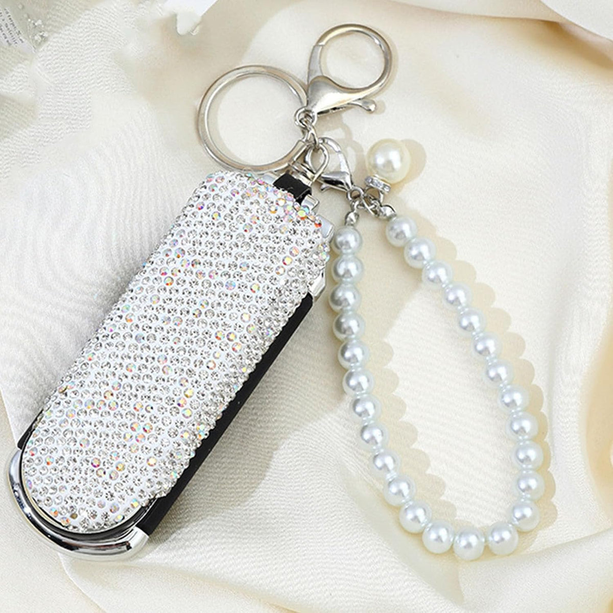 1 Pack Rhinestone Pocket Hair Brush with Mirror Keychain Bling Travel Folding Combs Sparkle Portable Collapsible Compact Comb for Women Silver