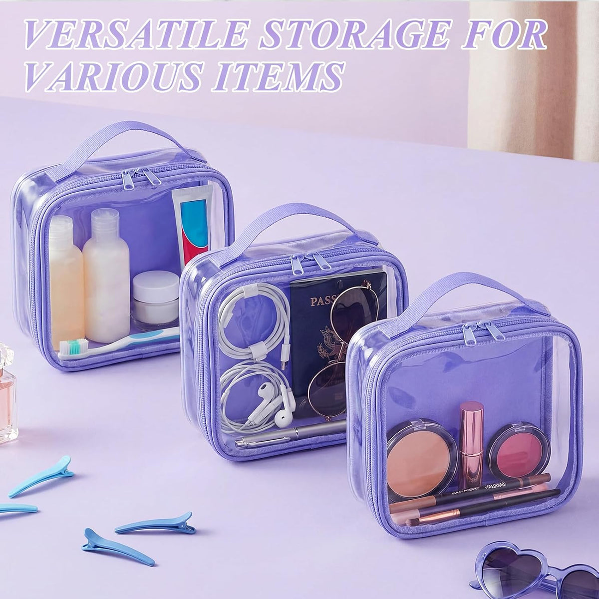 Abbylike 3 Pcs Small Toiletry Bags Reusable Quart Size Travel Liquid Pouch Single-sided Clear PVC Carry-on Organizer with Handle Cosmetic Bags for Airport Security Women Men(Purple)