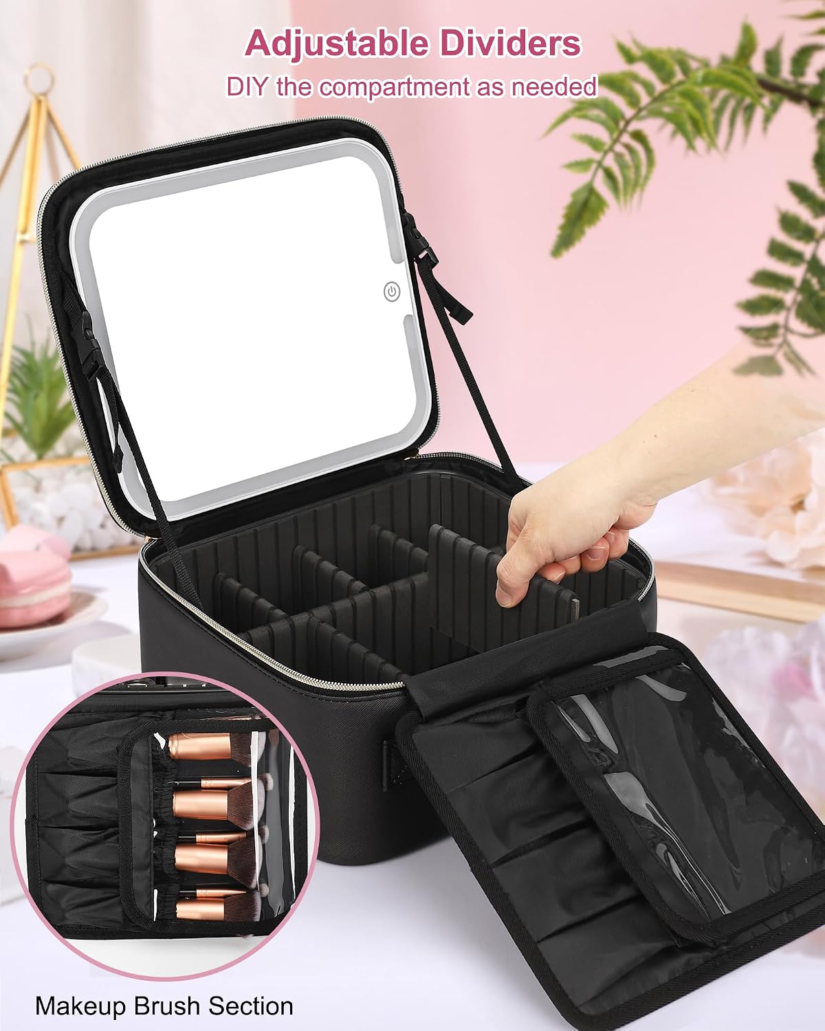 Relavel Initial Makeup Bag with LED Mirror for Women Girls, Personalized Travel Cosmetic Organizer Train Case, Birthday Gifts for Grandkids Bridesmaid Graduation Teacher Friends, Trendy Stuff, Black F