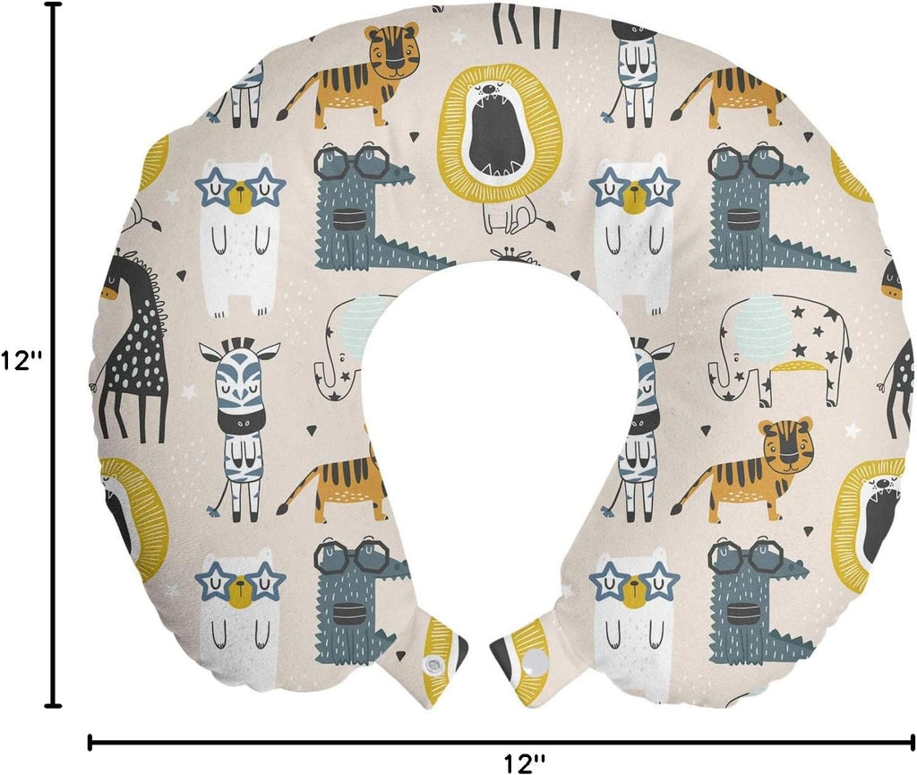 Ambesonne Lion Travel Pillow Neck Rest, Humurous Nerdy Animal Drawings a Creative Whimsical and Repetitive Background Layout, Memory Foam Traveling Accessory for Airplane and Car, 12", Mustard Grey