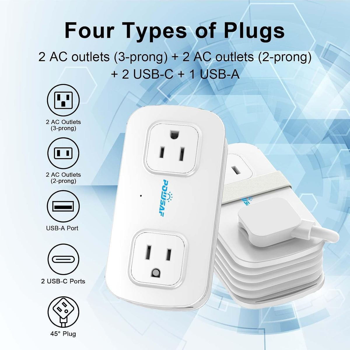 POWSAF Cruise Essentials 4-Ft Travel Power Strip with 4 Outlets and 3 USB Ports (2 USB C), Non Surge Protector for Cruise Ship, Travel Essentials, Home Office, ETL Listed, White