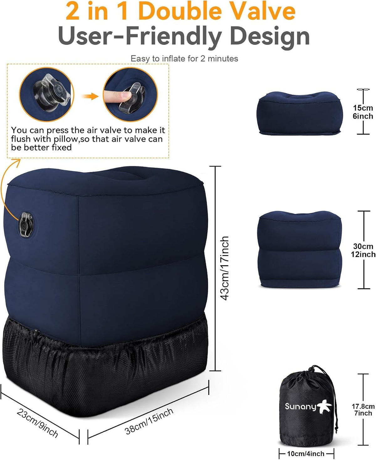 Sunany Inflatable Foot Rest Pillow for Travel, Kids/Adults Airplane Travel Pillow-Adjustable Height for Kids to Sleep While Traveling,Suitable for Airplane, Office, Home, Cars and Any Travel（Blue）