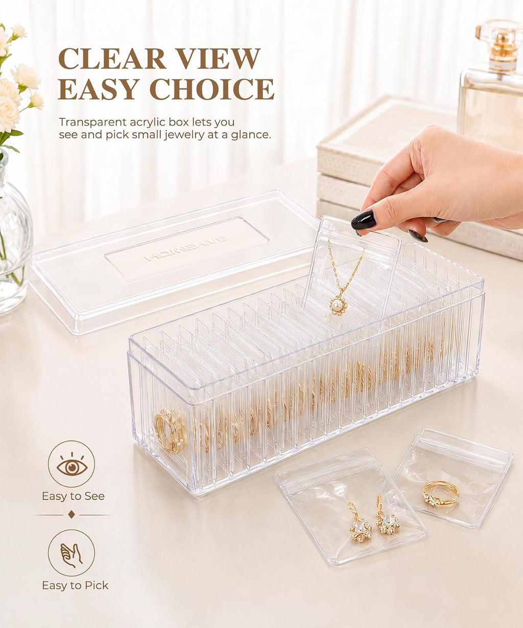 HOMEHIVE Acrylic Jewelry Box Organizer, Clear Jewelry Organizer and Storage with 20 Portable Anti Tarnish Jewelry bags, Travel Jewelry Case for Earrings/Rings/Necklaces Gifts for Women Girls, Clear