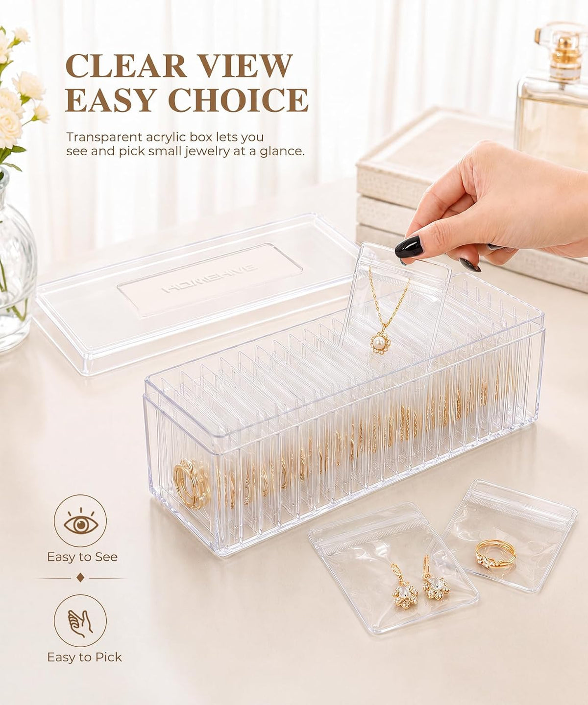 HOMEHIVE Acrylic Jewelry Box Organizer, Clear Jewelry Organizer and Storage with 20 Portable Anti Tarnish Jewelry bags, Travel Jewelry Case for Earrings/Rings/Necklaces Gifts for Women Girls, Clear