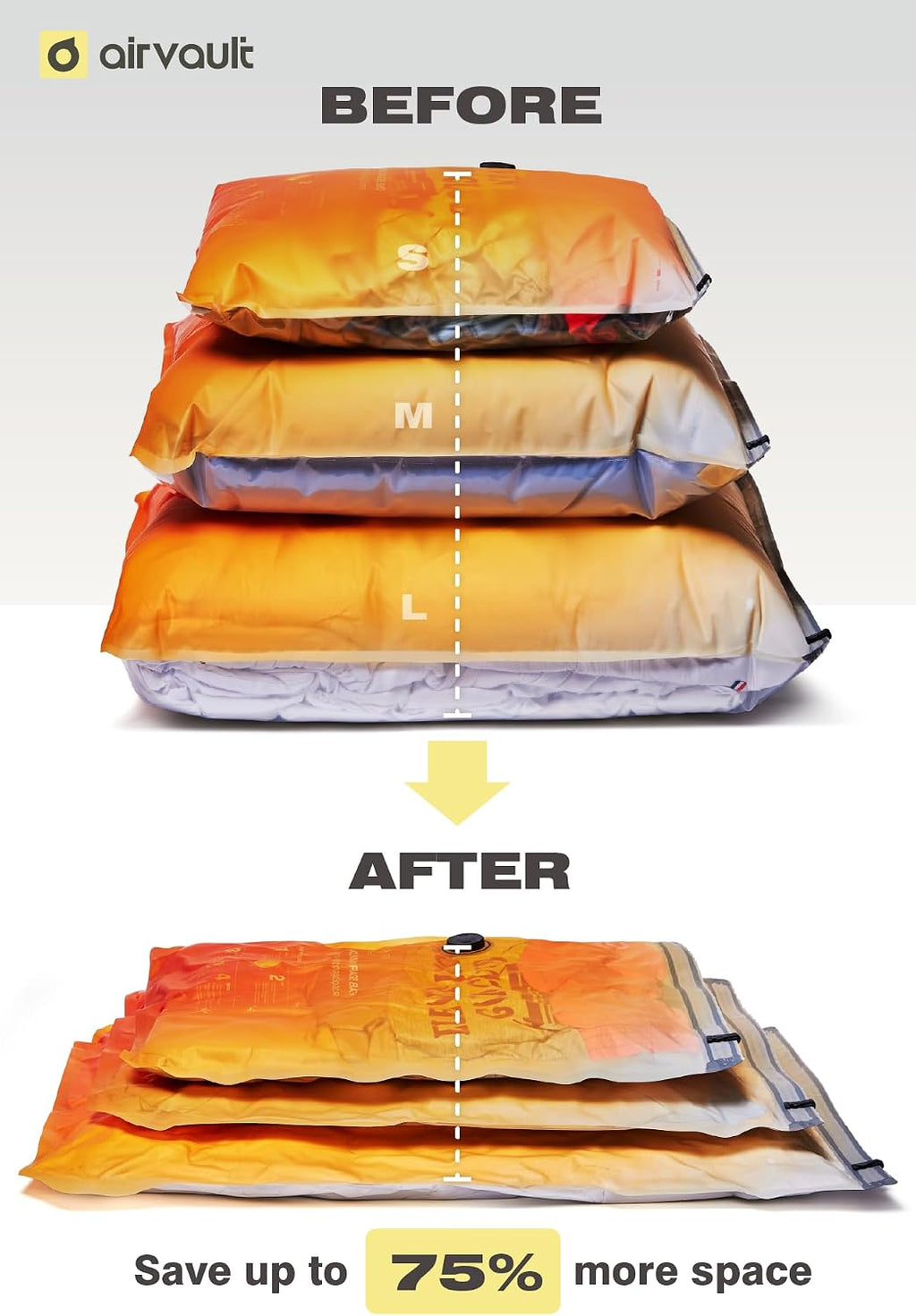 AirVault Vacuum Storage Bags for Travel & Home - Space Saver Compression Packing Bags Set for Clothes, Blankets & Seasonal Storage, Small (5), Medium (5), Large (5) (Orange,15-Pack Combo)