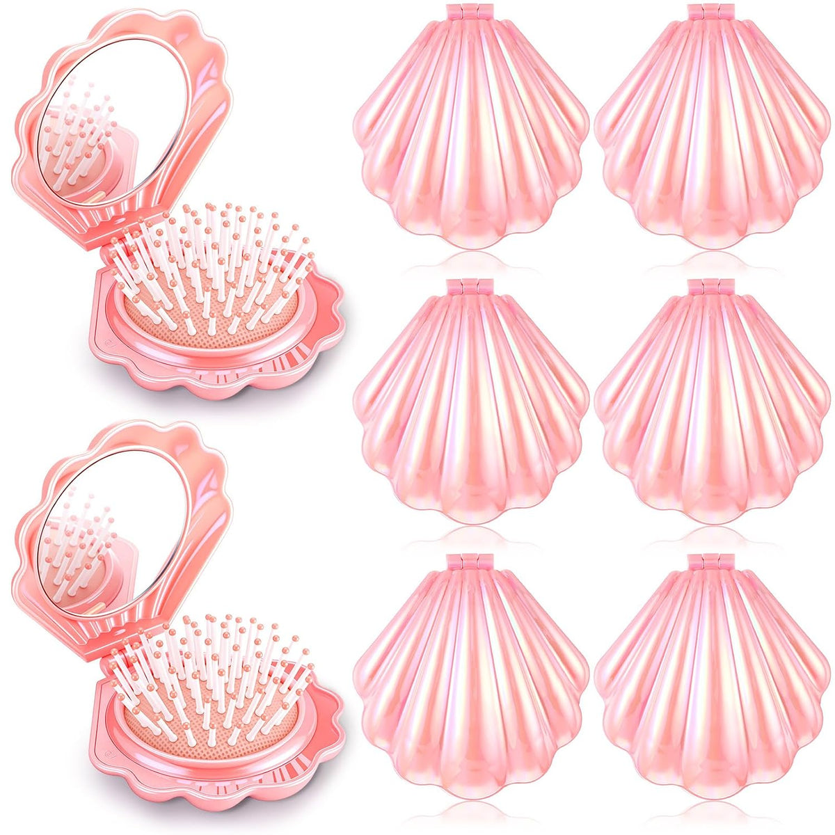 AceOrbit 6 Pcs Mermaid Party Favors Foldable Shell Hair Brush with Mirror Mini Travel Pocket Compact Hair Brush Makeup Comb for Women Girls Birthday Party Gifts(Pink)