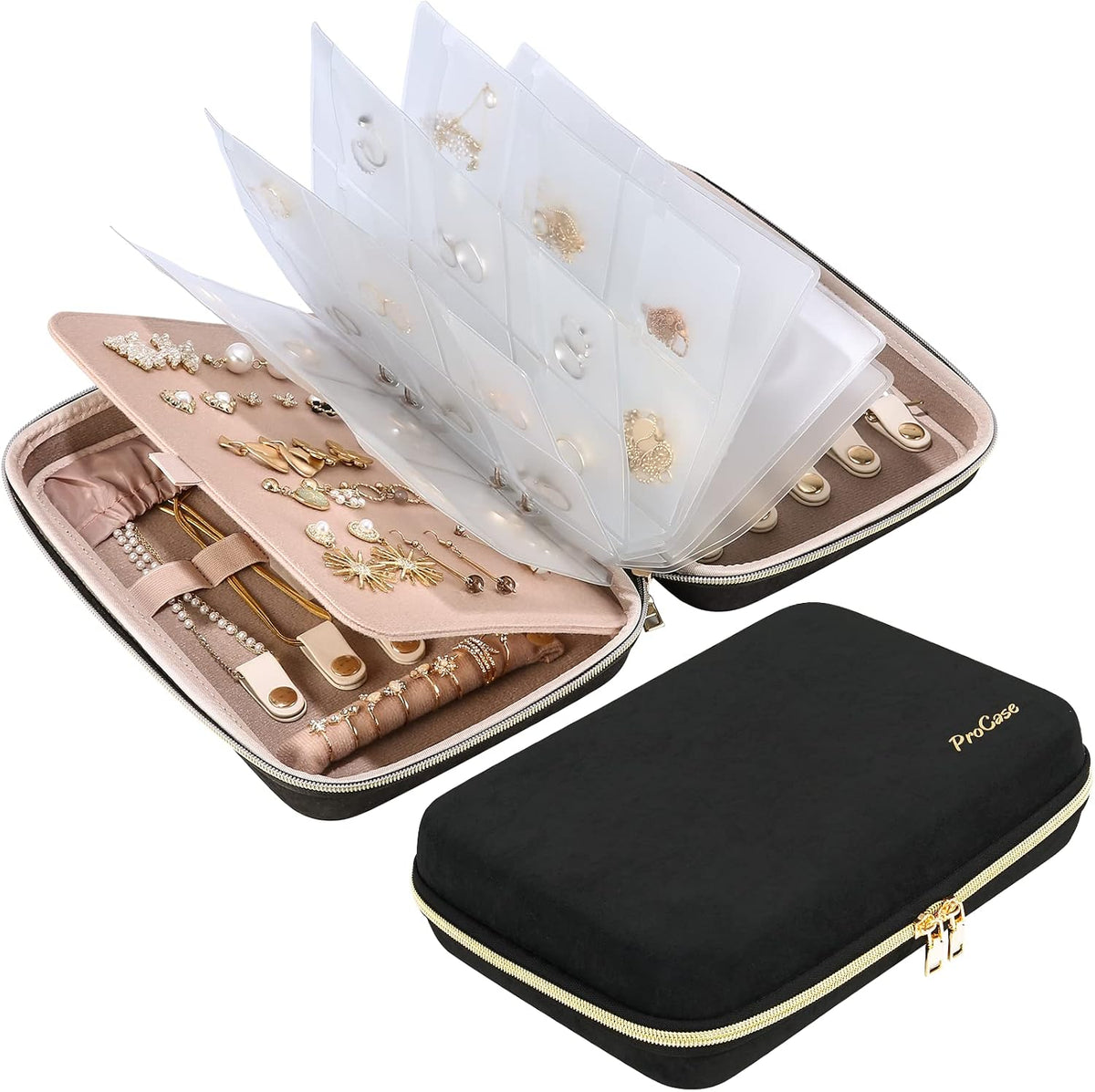 ProCase Large Travel Jewelry Organizer Case, Jewellery Home Storage Book Ring Binder with Clear Pockets for Presentation, Zippered Pouch Bag for Earrings Necklaces Bracelets -Black