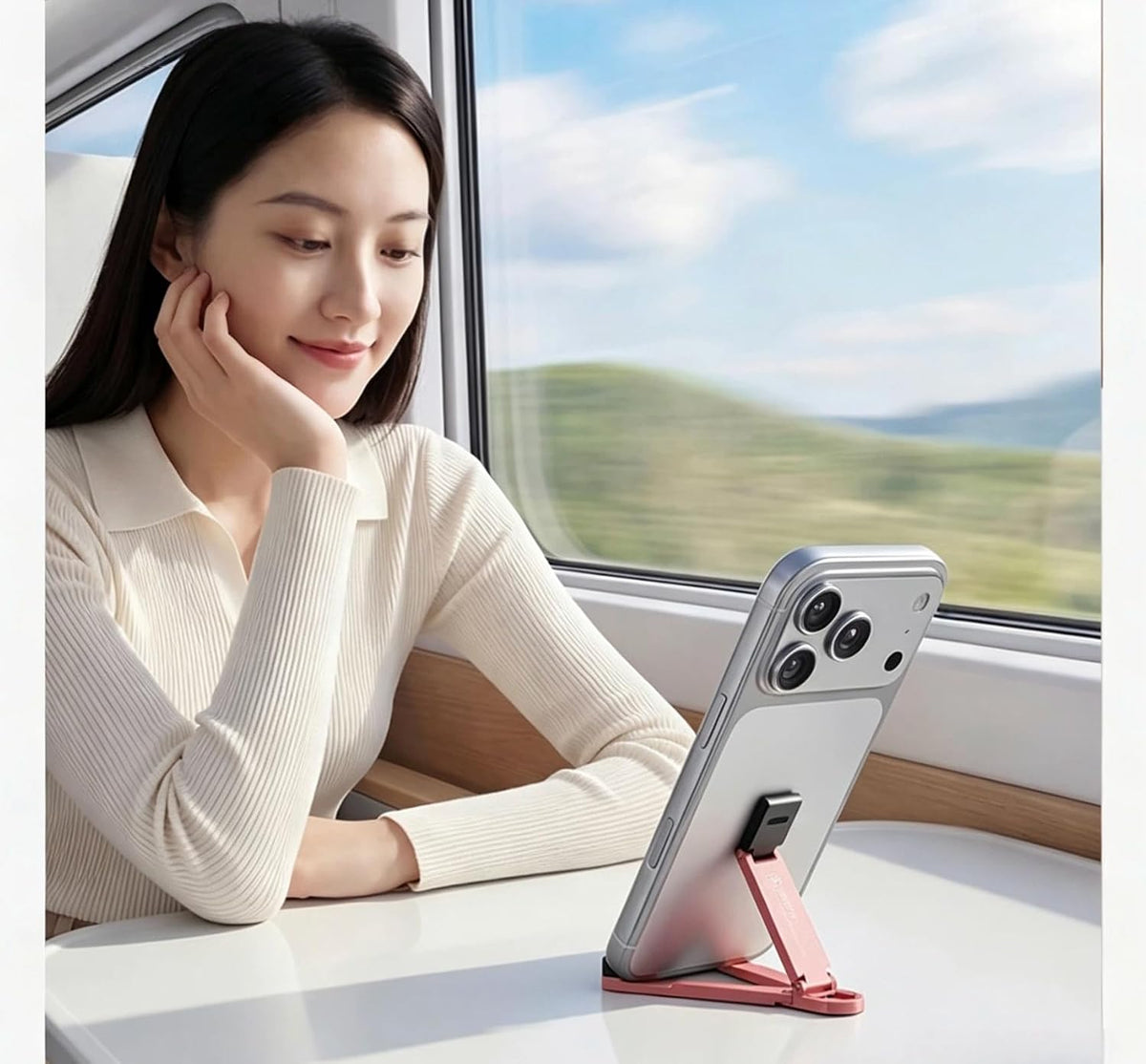 Aluminum Alloy Mini Desktop Cell Phone Holder,Foldable Keychain Phone Holder Portable Hands-Free Travel Phone Holder, Adjustable Angle Vertical and Horizontal,For All Phones,Offices,Travel (Pink)