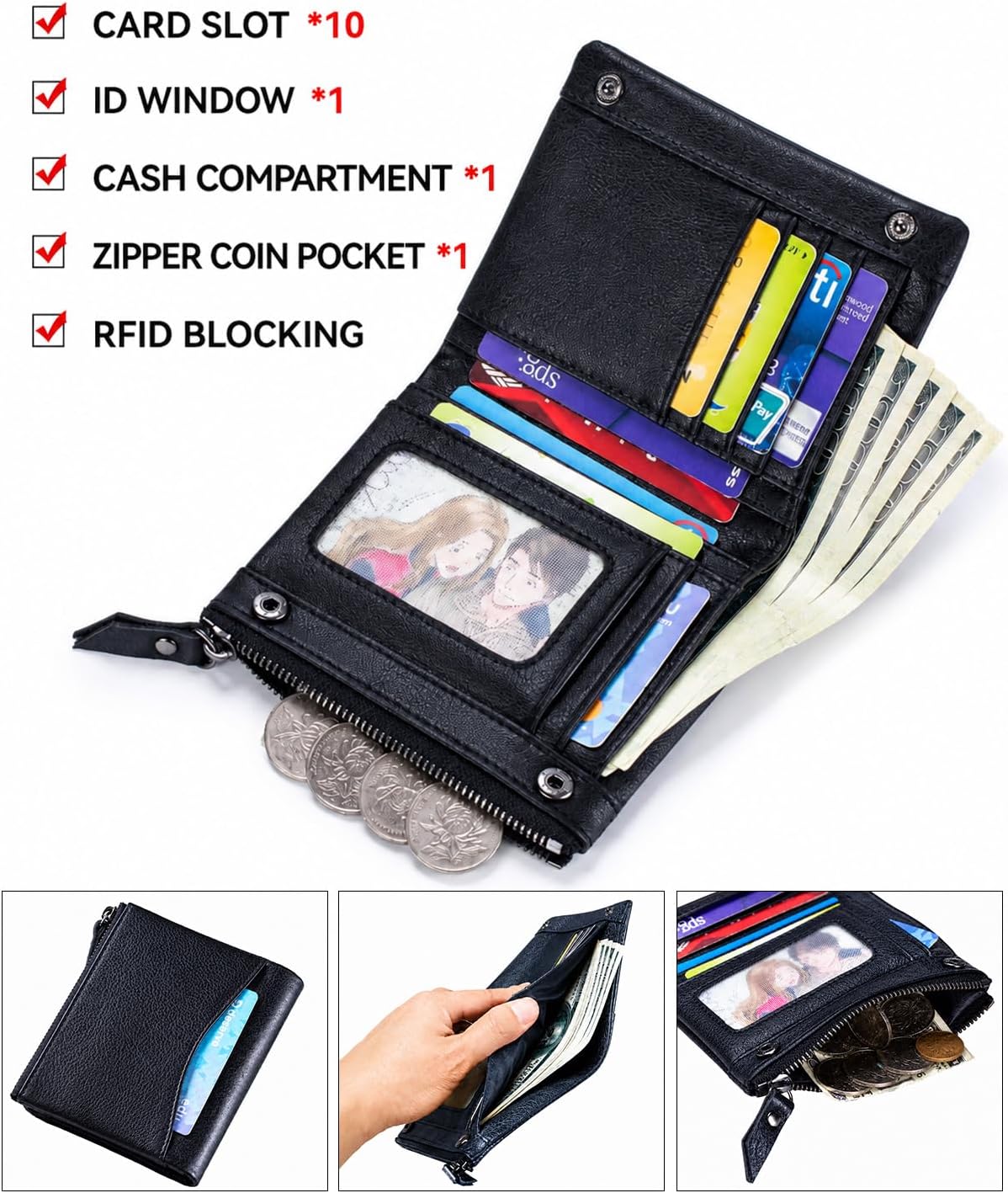 Wallet for Women, RFID Blocking Leather Zip Wallet, 10 Card Slots
