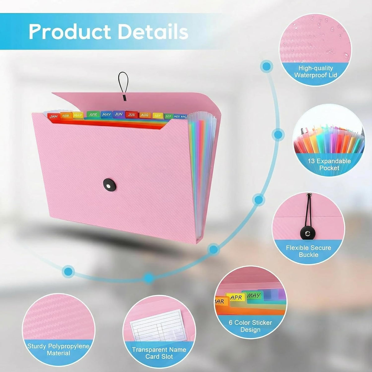 Accordion File Organizer, Accordion Folder for Sorting Documents and Papers, 13 Pockets Expanding File Storage Organizer for Hospital Bag Essentials, Home, Travel and Office Use (Pink)