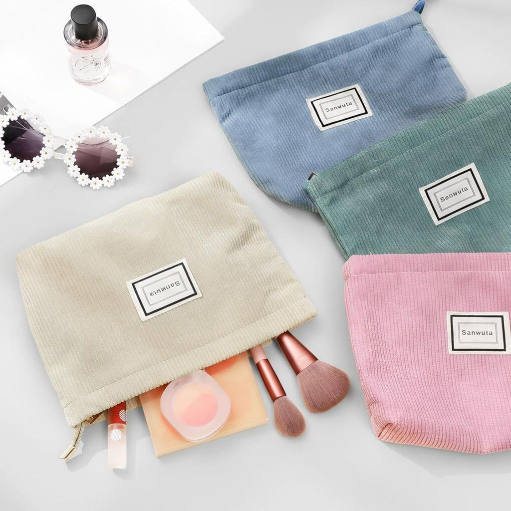 Sanwuta 4 Pcs Velvet Corduroy Makeup Bag, 10x7x2'', Light Color