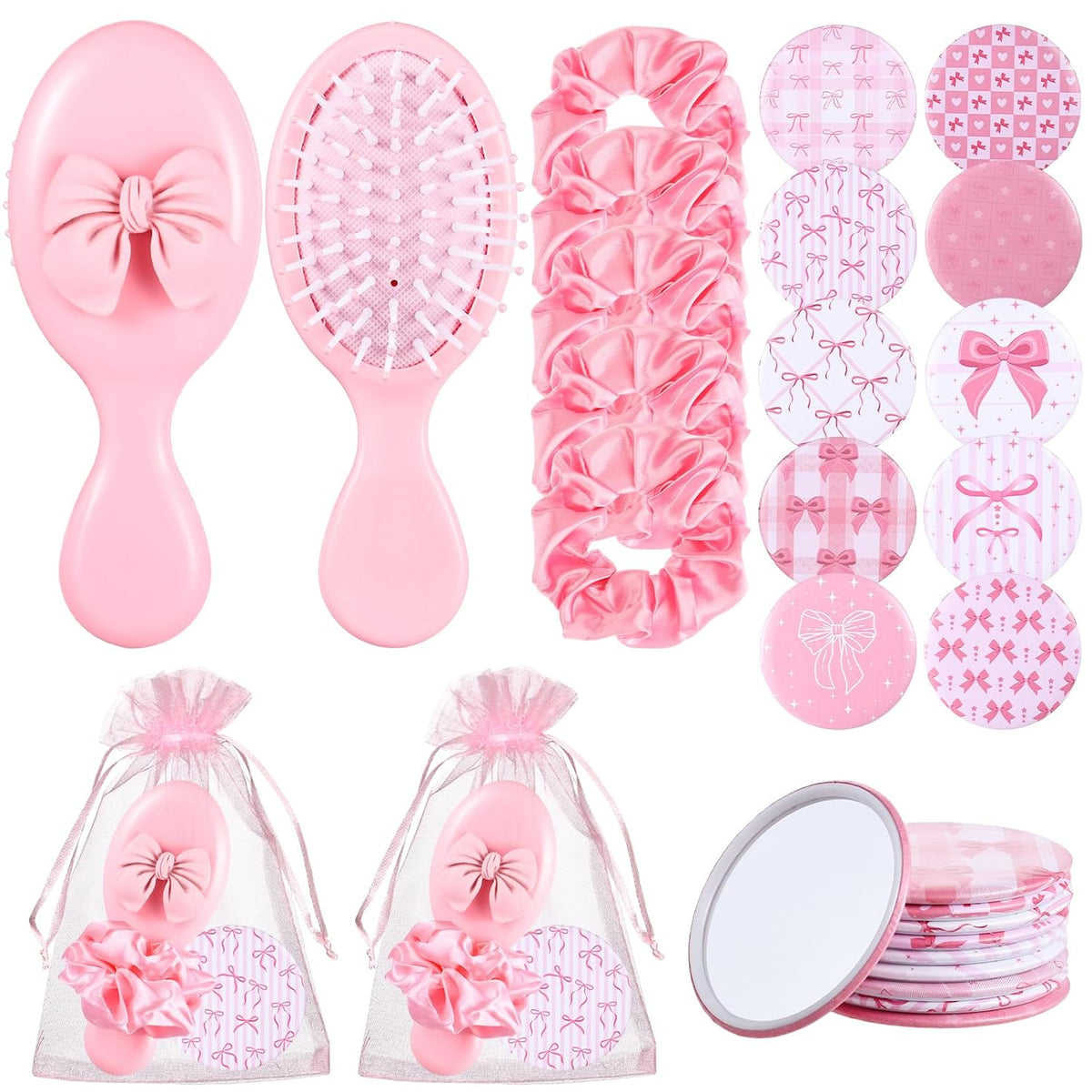 20Sets-80Pcs Pink Bow Coquette Party Favors Hair Brushes Foldable Mini Combs Pocket Cosmetic Mirrors Hair Scrunchies Trip Weekend Gifts for Sleepover Spa Birthday Party Bridal Back to School