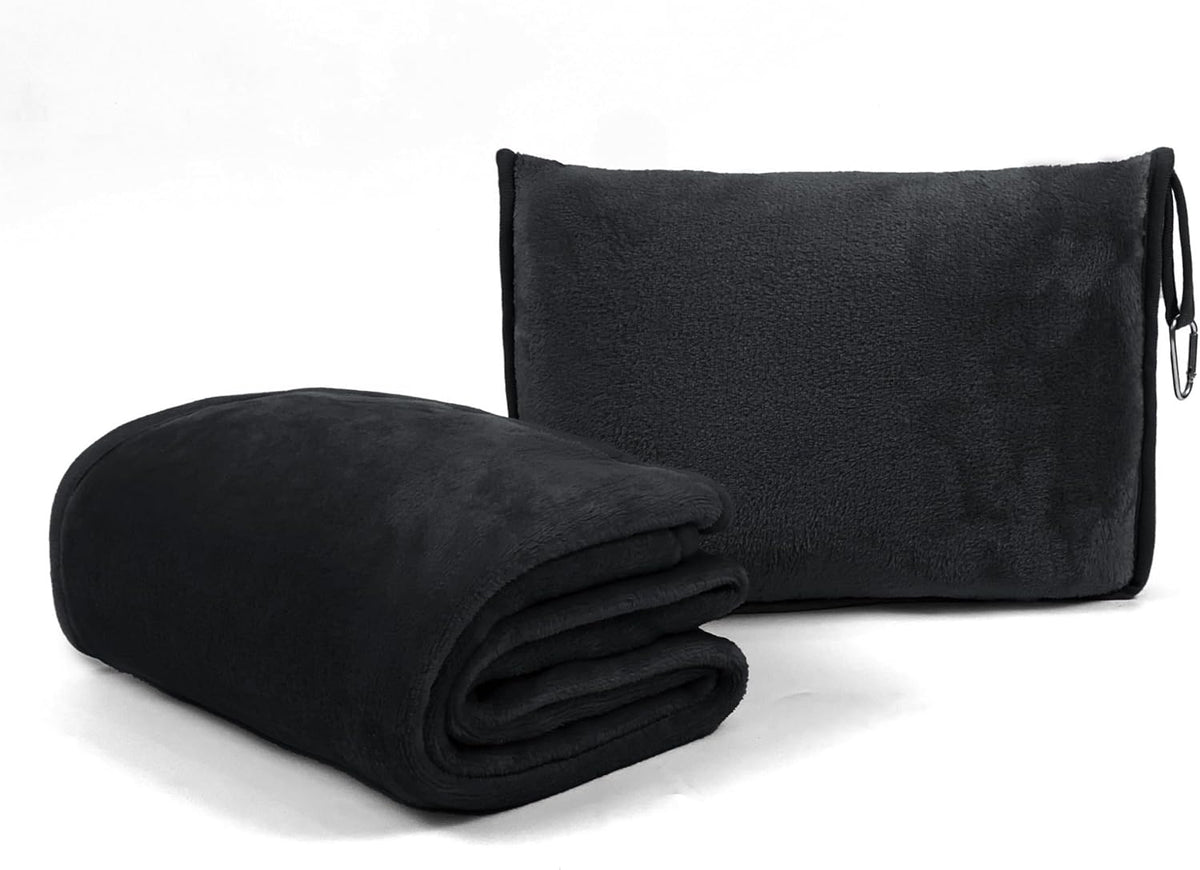 ShezPretty Premium 2in1 Soft Travel Blanket Pillow with Airline Hand Luggage Sleeve and Backpack Clip Airplane (Black)