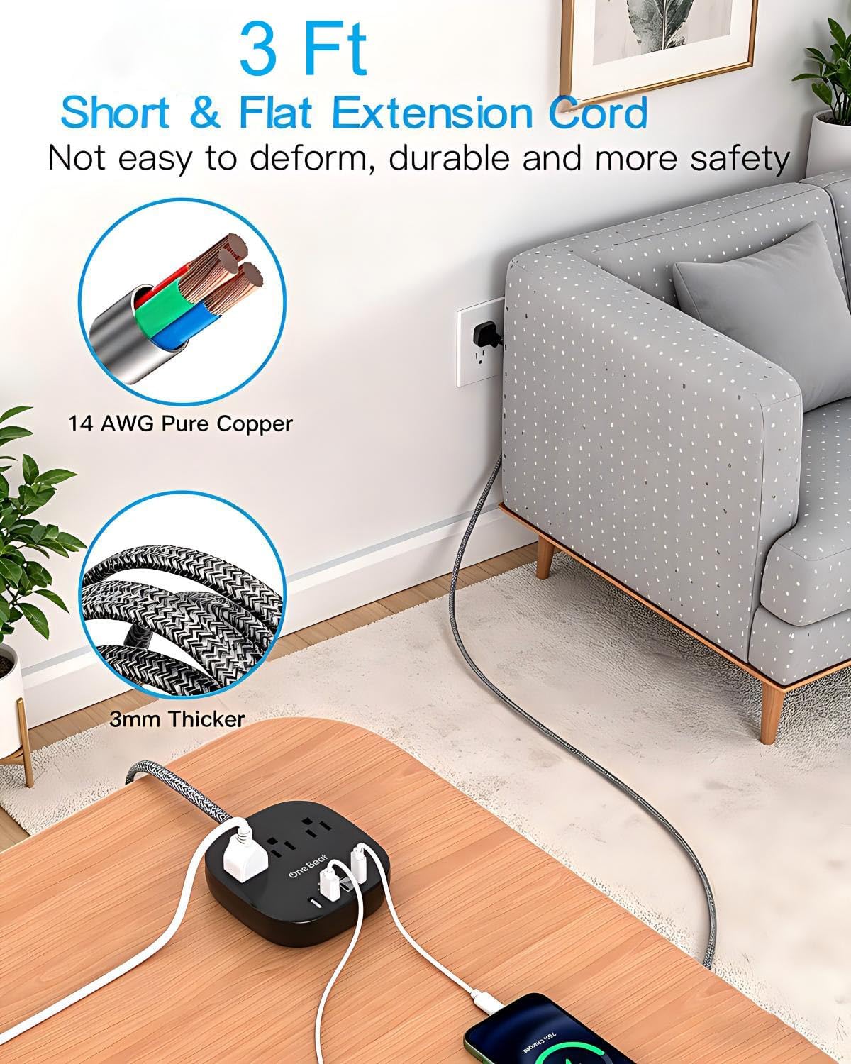 Cruise Ship Travel Essentials, 22.5W/4.5A Flat Plug Power Strip, Black