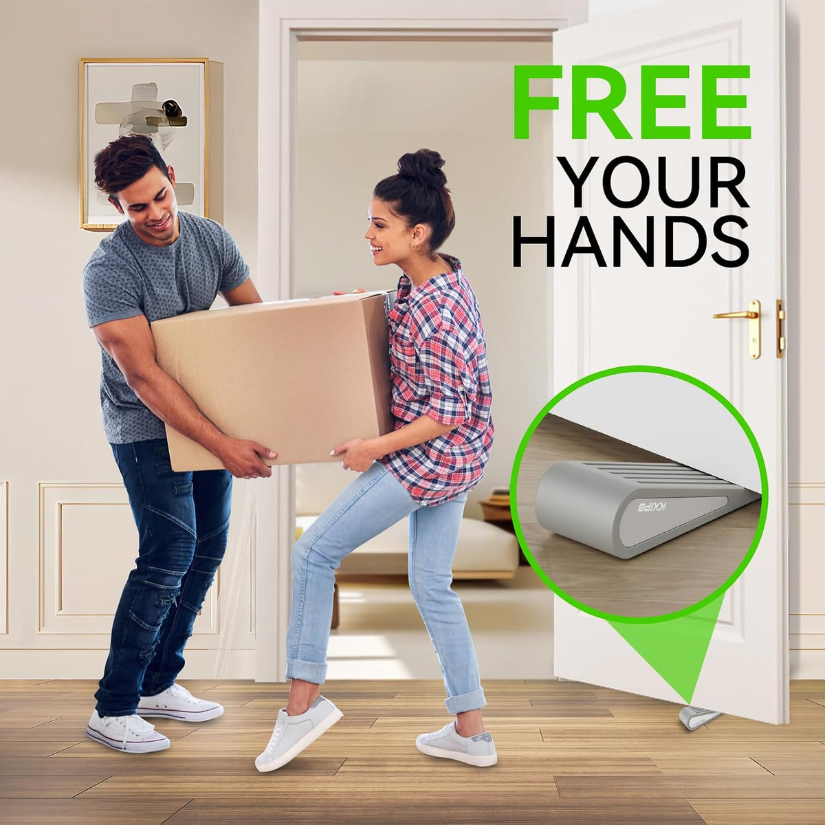 1 Pack Rubber Door Stopper Wedge - Grey Non-Slip Soft TPR High-Elastic & Zinc Alloy Metal Material Door Stops for Bottom of Heavy Duty Door Wall Protector for Home & School with Self Adhesive Holder