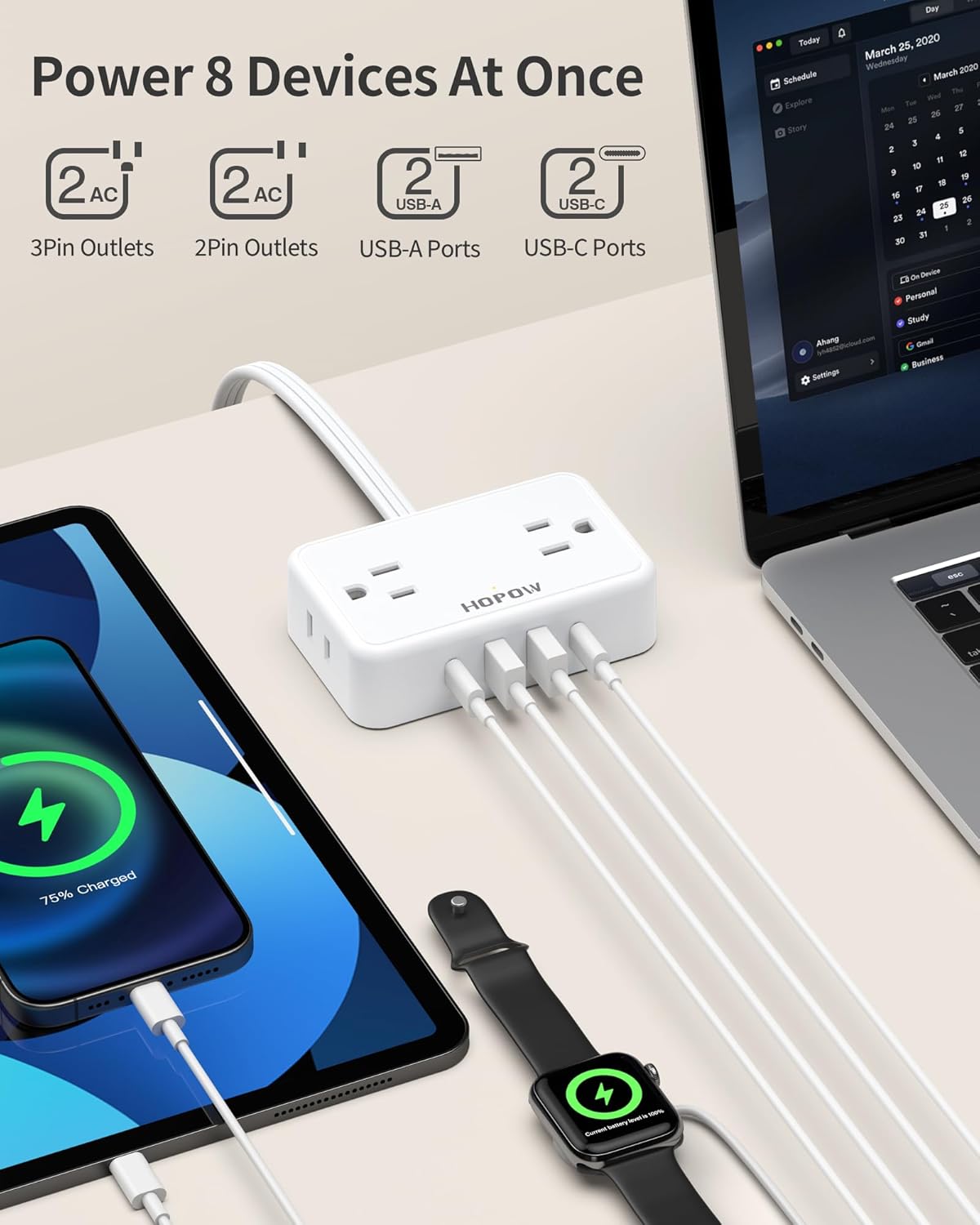 HOPOW Flat Plug Extension Cord, 4AC&2A2C, 3 FT Power Strip for Travel