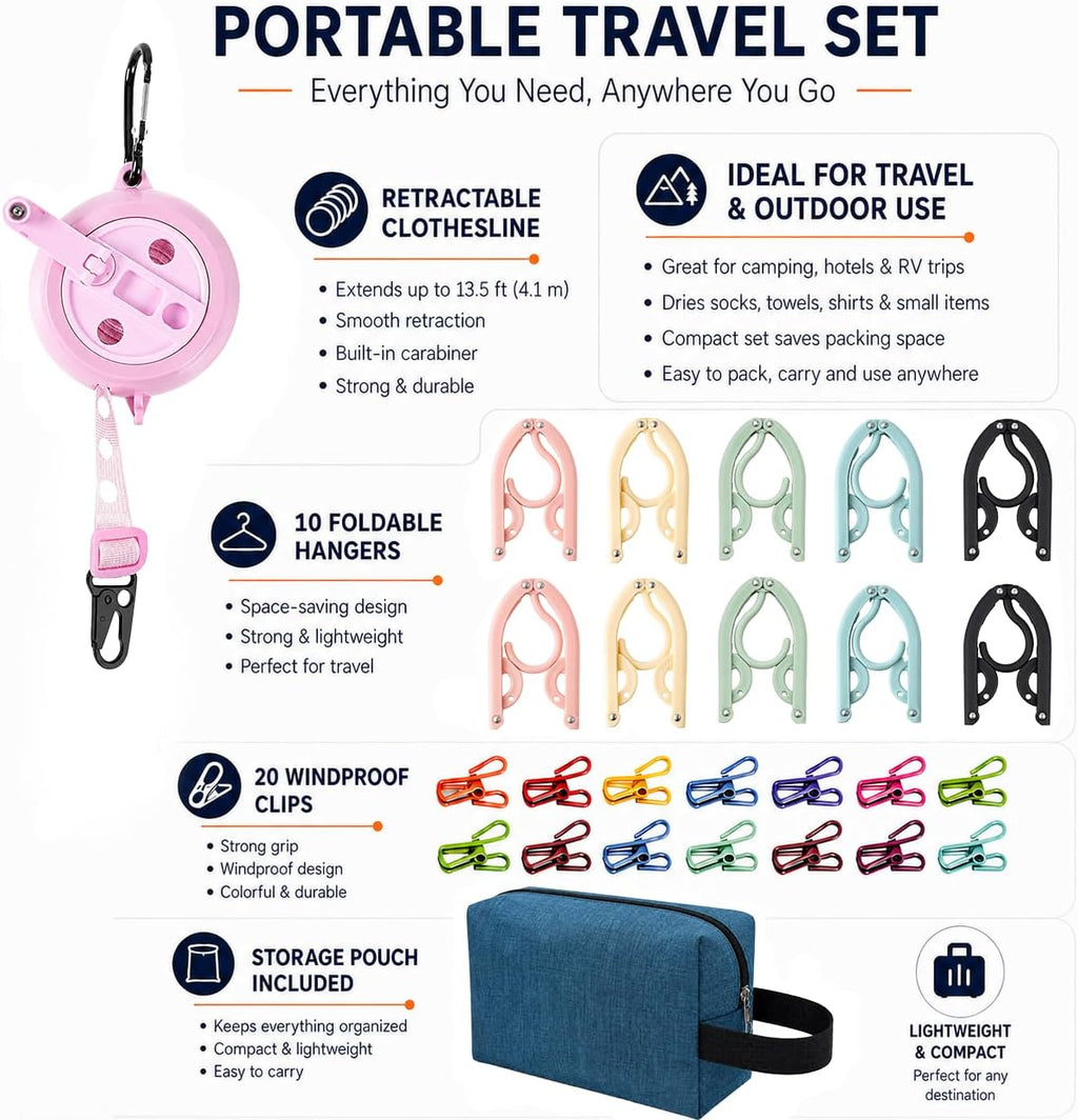 Retractable Travel Clothesline Kit with 10 Foldable Hangers, 20 Clips & Bag