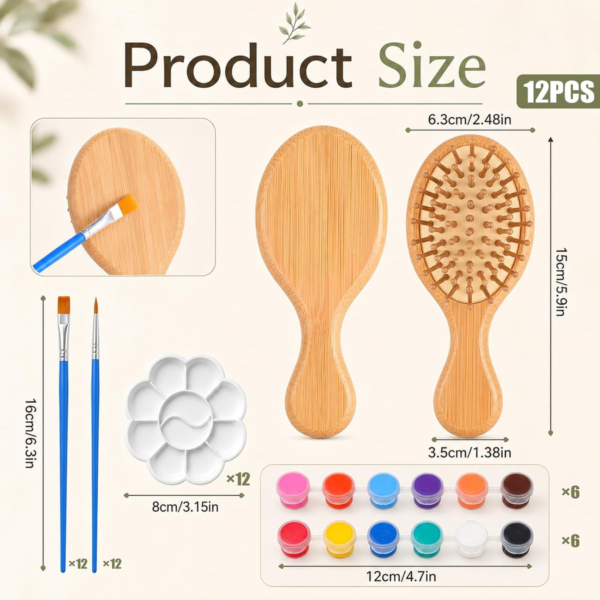 12 Set DIY Wooden Hairbrush Painting Kits, Mini Bamboo Hair Brush Bulk with Paint Brush and Palette, Hand Painted Crafts, Make Your Own Hair Brushes for Girls Hand Painted DIY Gift Party Crafts, Squar