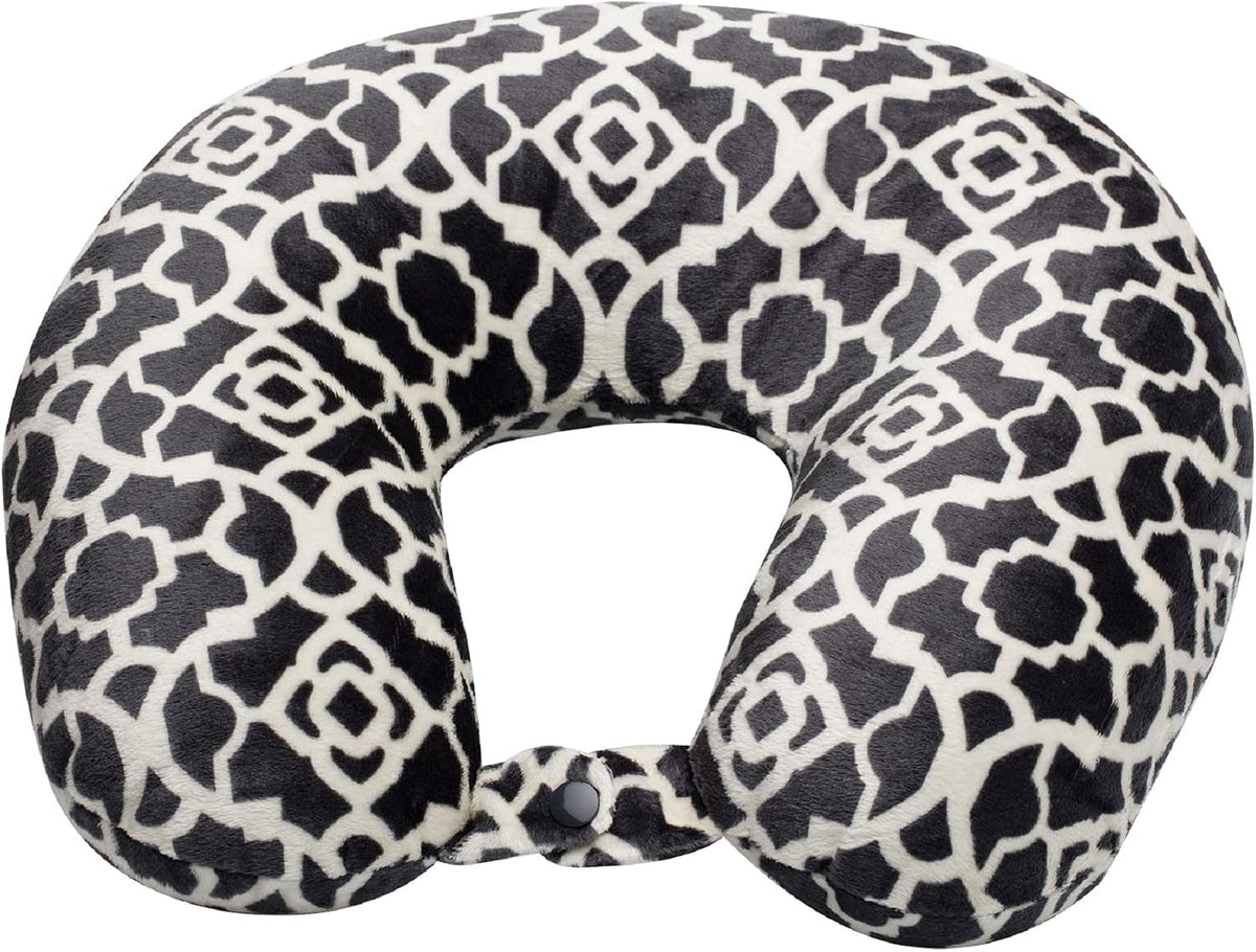 Wolf Essentials Adult Cozy Soft Microfiber Neck Pillow for Travel – Compact, Machine Washable - Perfect for Airplane, Car, or Home Use - Filled and Finished in the USA – Charcoal Trellis