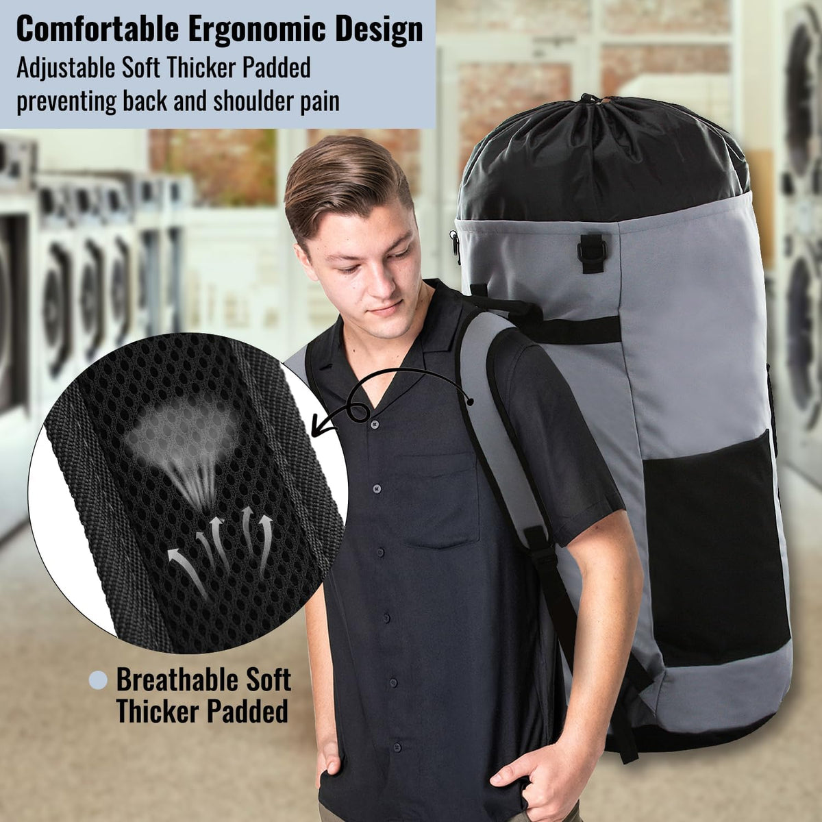 Laundry Bag Backpack 125L Extra Large, Heavy Duty 900D Coated Oxford Fabric, 3 Pockets Durable Travel Laundry Bags with Soft Padded Shoulder Straps for College Dorm, Apartment, Laundromat (Grey)