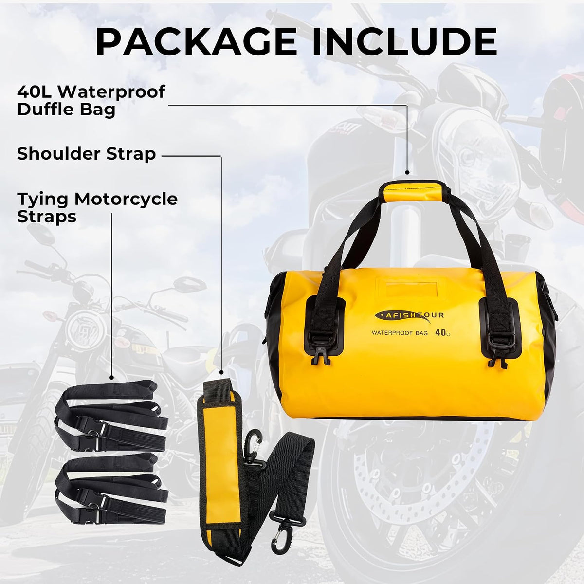 40L Waterproof Motorcycle Duffel Bag - Motorcycle Luggage Tail Bag with Straps for Back Seat - Roll Top Dry Bag for Kayaking, Rafting, Boating, Camping, Travel, Beach (Yellow)