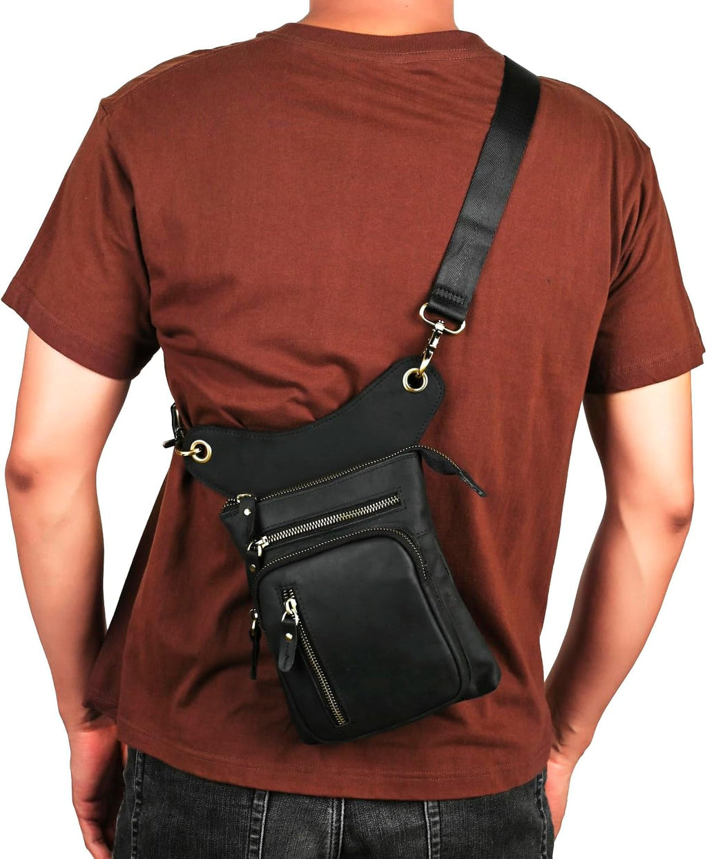 Le'aokuu Mens Genuine Leather Outdoor Sporting Hicking Waist Hip Pack Messenger Shoulder Drop Leg Thigh Bag Pouches For Women G1011 (G1011 Black 2)