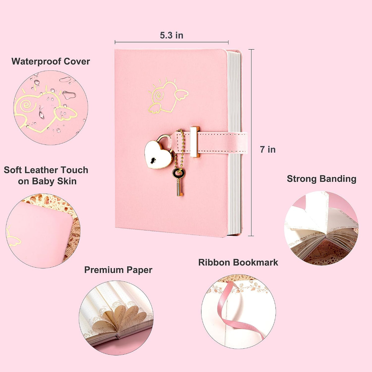CAGIE Diary with Lock and Key for Girls Heart Shaped Girls Diary for Women Kids A5 Secret Notebook with Lock for Writing Travel Gifts, 5.3 x 7 inches, Pink