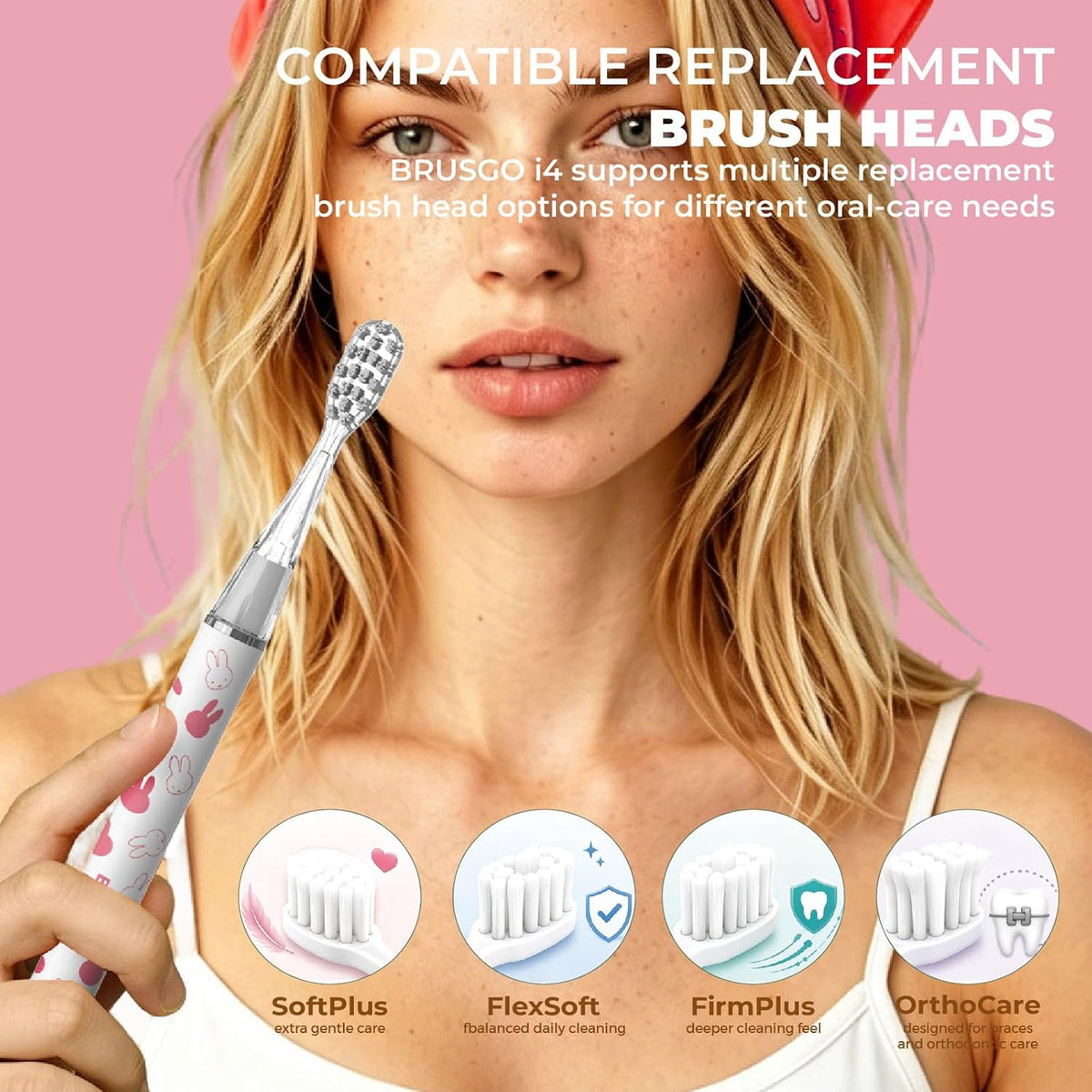 Miffy BRUSGO i4-Snap (Brush GO) Slim Electric Toothbrush Rechargeable Sonic 3 Modes, Travel Case&Ceramic Dock, 90Days Battery Soft Bristles 3 Brush Heads IPX7 Waterproof, Color-Miffy Light Pink