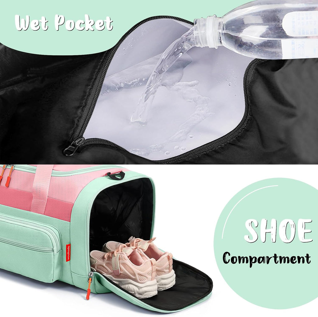 WOOMADA Kids Duffle Bag for Boys or Girls,Weekender Overnight Bag with Shoe Compartment & Wet Pocket Perfect For School, Sports, Overnight Trips(Pink Green)