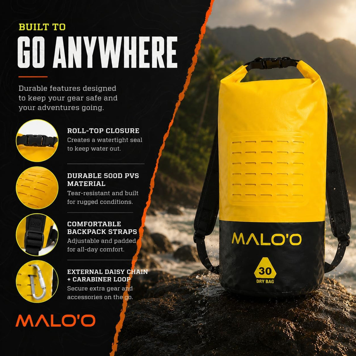 Malo’o DryPack 30L Waterproof Kayak Dry Bag, Heavy Duty Roll-Top Dry Bag with MOLLE Grid and Carry Straps for Fishing, Paddle Boarding, Boating, Camping, and Travel, Orange