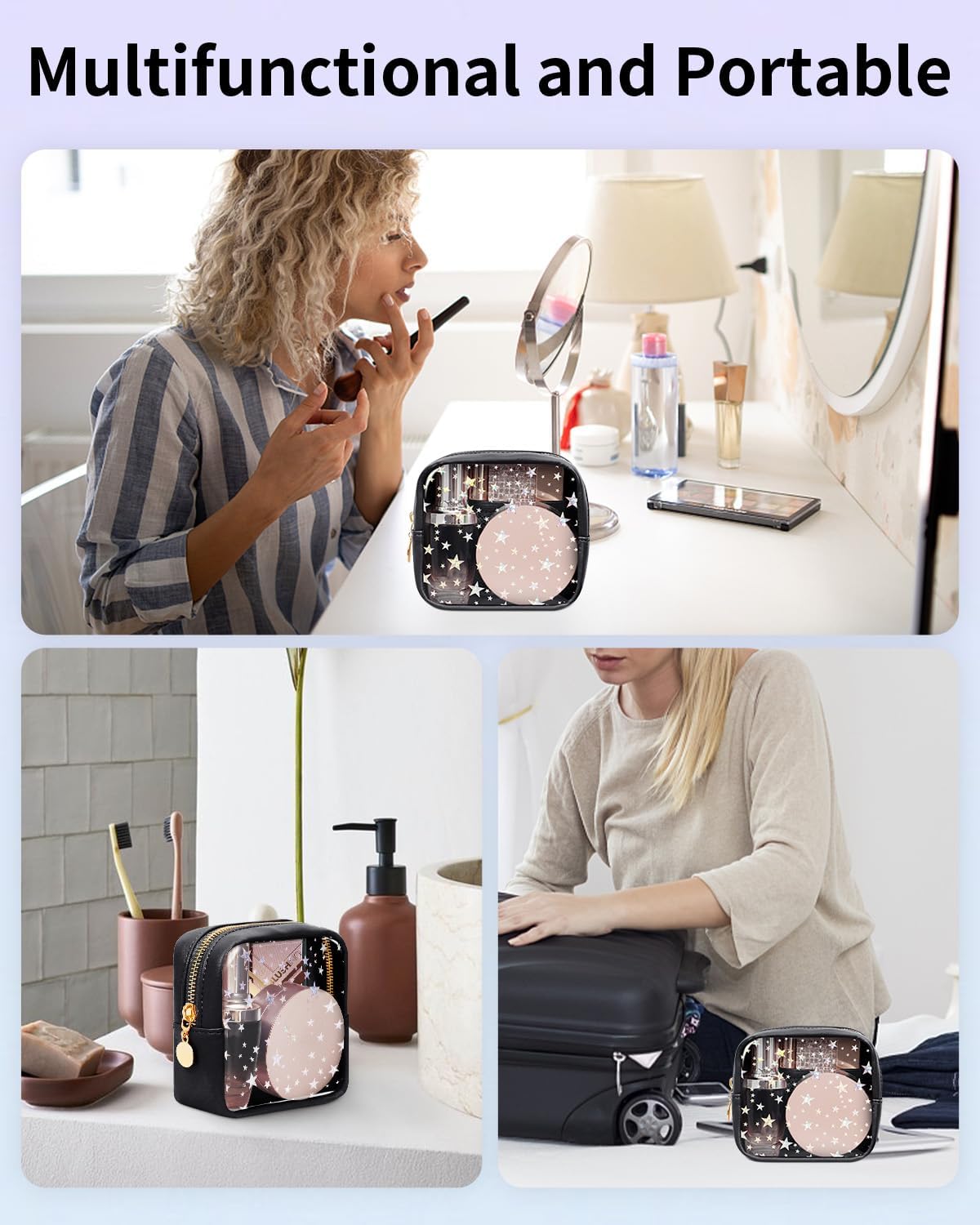 Clear Makeup Bag for Purse, Mini Cosmetic Pouch with Glitter Star Pattern