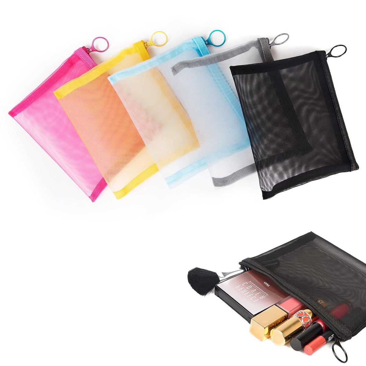 patu Zipper Mesh Bags, Size M / A6, 5 Pieces, Beauty Makeup Cosmetic Accessories Organizer, Travel Toiletry Kit Set Storage Pouch, Assorted Colors