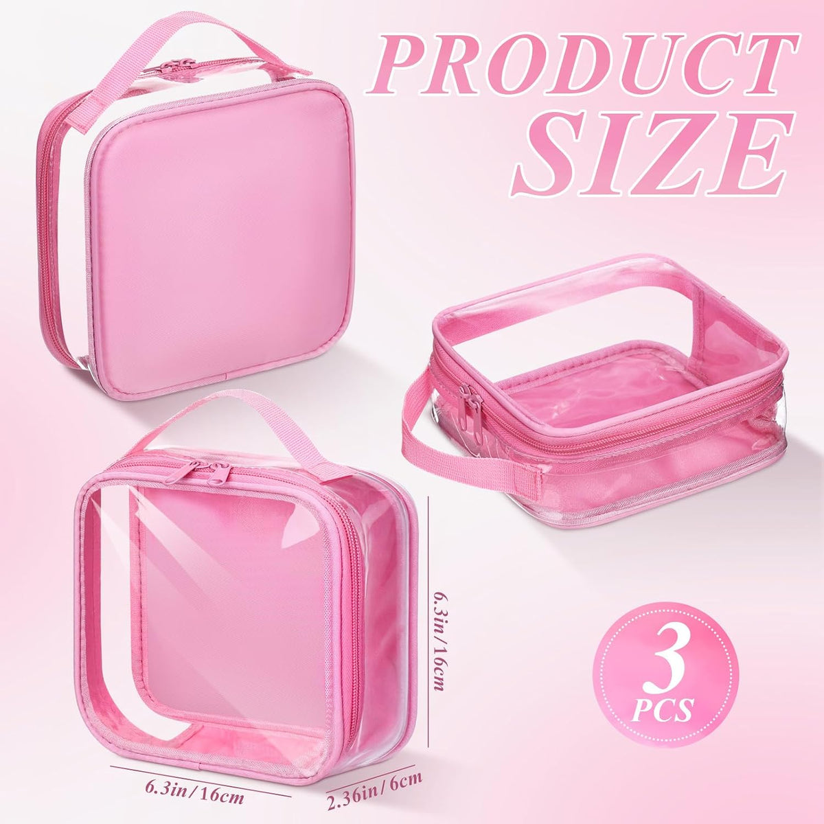 Abbylike 3 Pcs Small Toiletry Bags Reusable Quart Size Travel Liquid Pouch Single-sided Clear PVC Carry-on Organizer with Handle Cosmetic Bags for Airport Security Women Men(Pink)