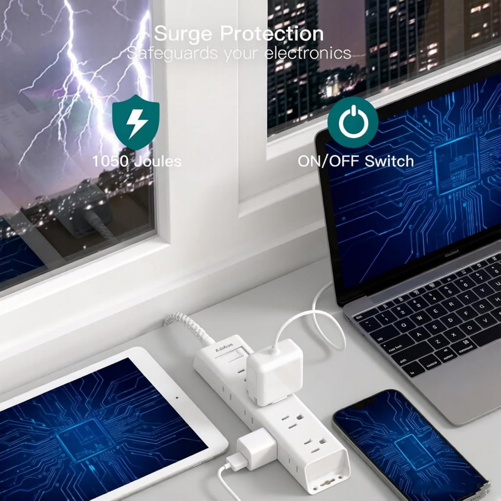 White Braided Power Strip Surge Protector with 12 Outlets