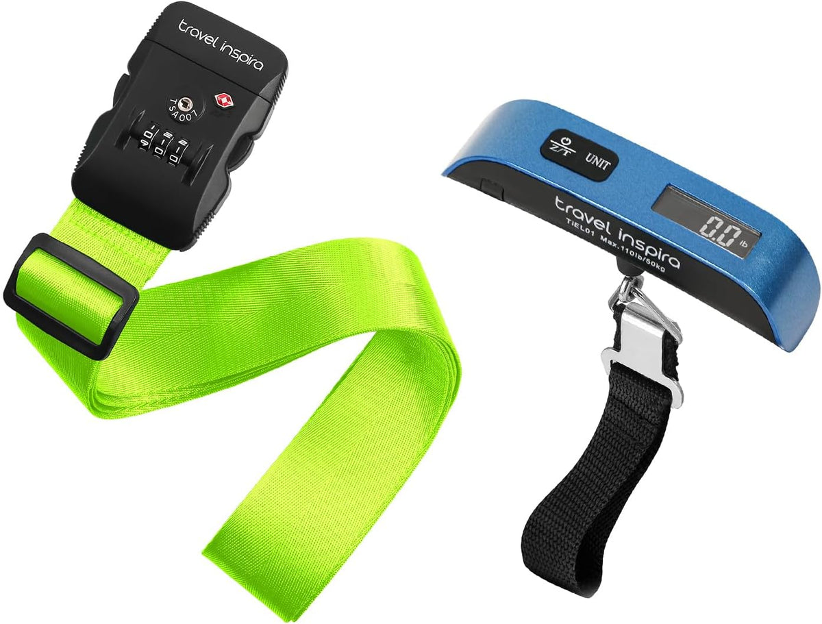 Travel Inspira TSA Approved Luggage Strap - Adjustable Length with Combination Lock and Digital Luggage Scale 110 Pounds, Battery Included
