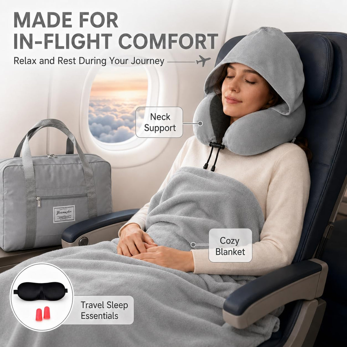 Travel Blanket and Pillow Set - Hooded Neck Pillow Airplane Essentials Grey