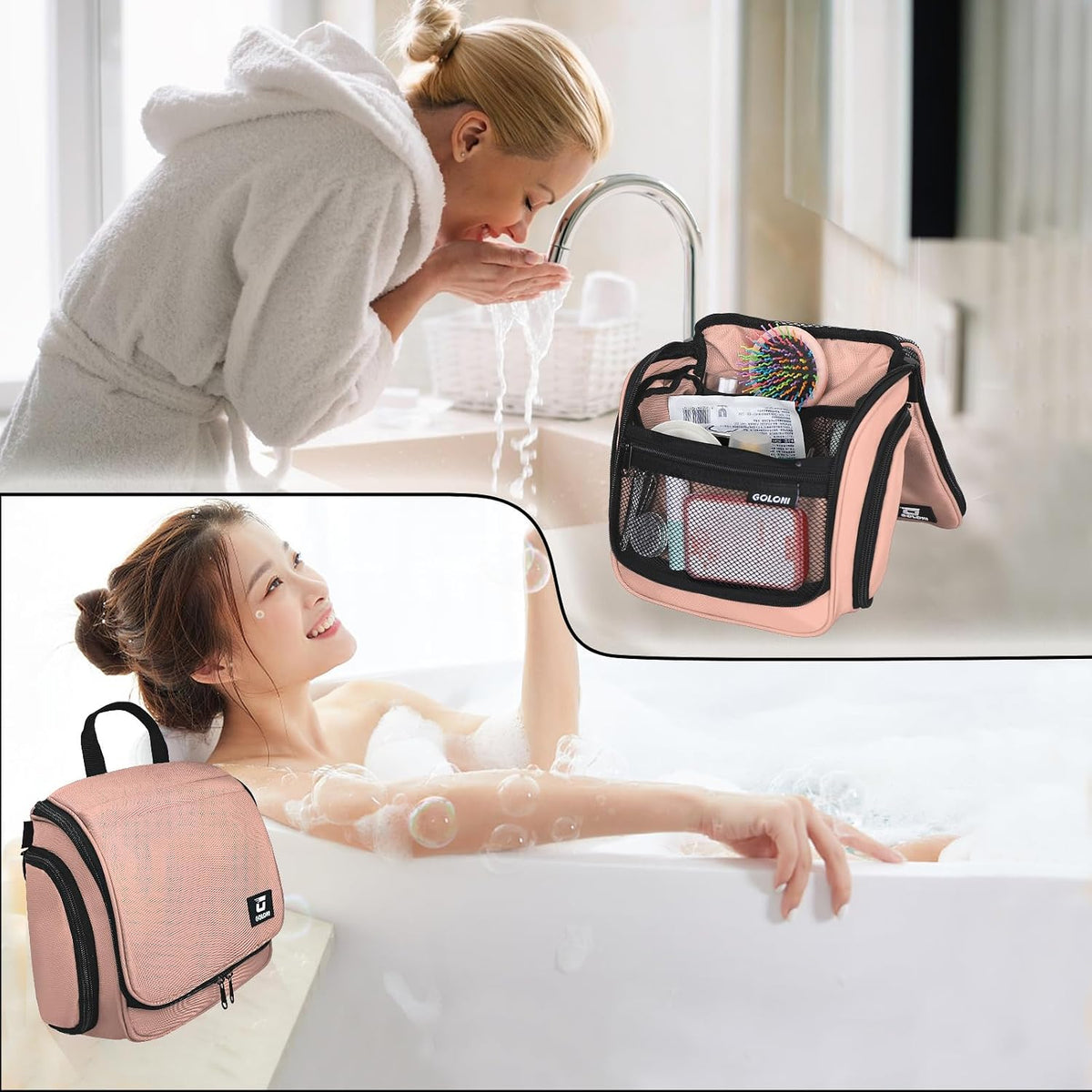 Goloni Hanging Toiletry Bag for Men Women, Water-Resistant Organizer,Pink
