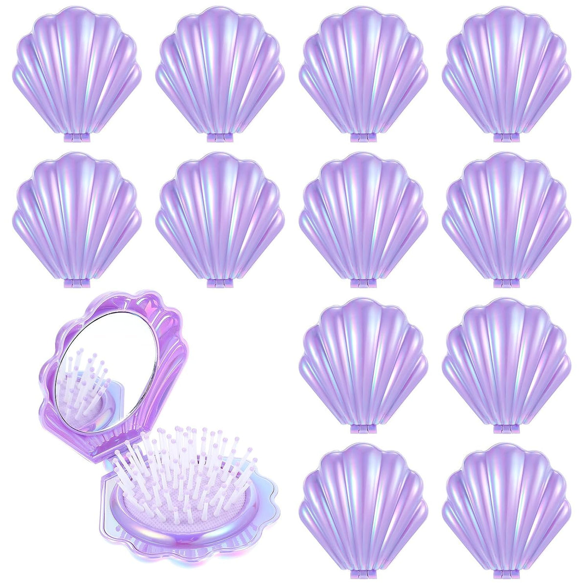12 Pcs Foldable Shell Hair Brush with Mirror, Mermaid Party Favors Mini Travel Pocket Compact Hair Brush Makeup Comb for Women Girls Hairstyles Bridal Shower Gift Party Supplies (Purple)