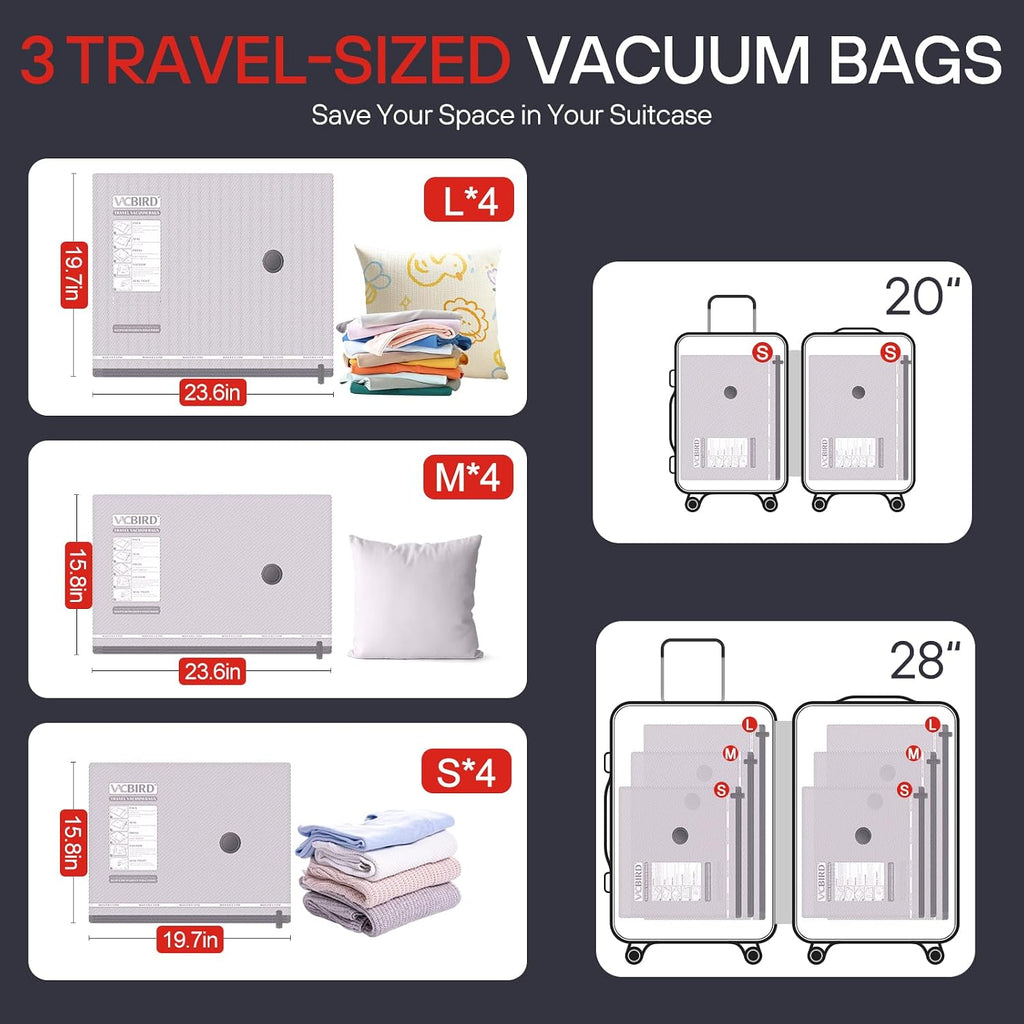 VMstr 12-Pack Vacuum Bags for Travel, Vacuum Seal Compression Bags for Clothing, Carry-On Luggage Space Saver Bags with Plug-in Electric Pump